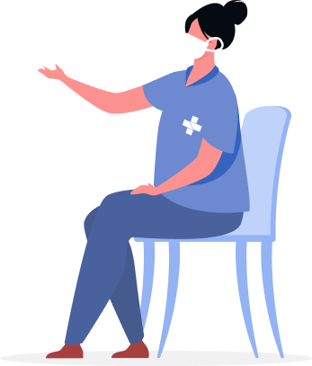 ilustração de uma enfermeira sentada de mascara com roupa da cor azul onde está estampada em sua blusa a logo do SUS(Sistema único de saúde).