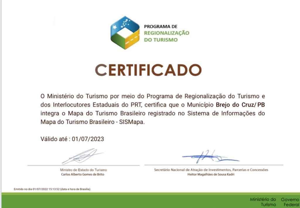 Brejo do Cruz recebe certificado do Ministério do Turismo